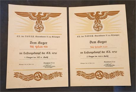 WW2 WWII Nazi German SA Brownshirts award documents