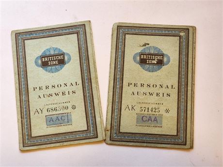 WW2 WWII Britische British Zone Personal Ausweis cards photo ID booklets x 2