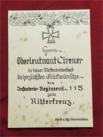 WW2 WWII NSDAP German Third Reich Knights Cross medal award document