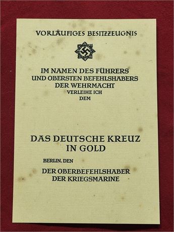 WW2 WWII NSDAP German Third Reich German Cross in gold medal award document