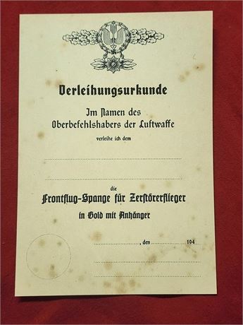 WW2 WWII NSDAP German Third Reich Luftwaffe gold bombers clasp award document