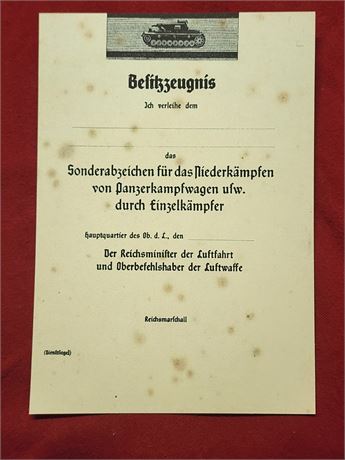 WW2 WWII German Third Reich Tank destruction strip Luftwaffe award document