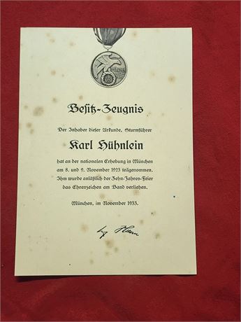 WW2 WWII NSDAP German Third Reich BLOOD ORDER Medal award document